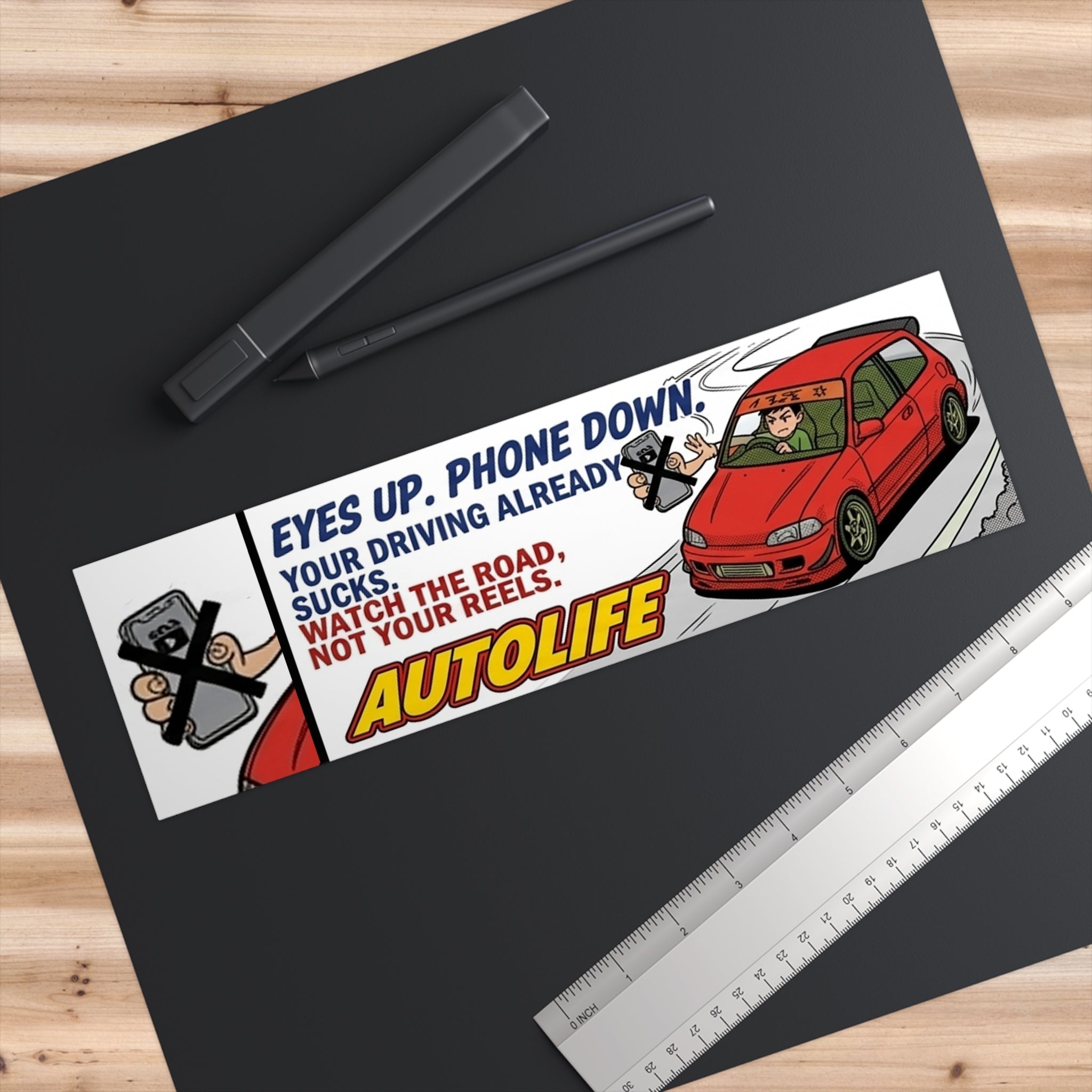 AutoLife Road Safety Bumper Sticker — "Eyes Up. Phone Down."